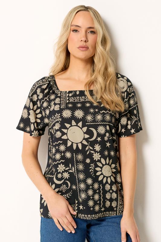 LTS Tall Black Coastal Print Square Neck Top | Long Tall Sally 1