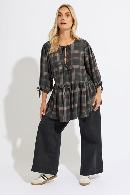 YOURS Plus Size Brown Check Tie Front Peplum Top | Yours Clothing 1