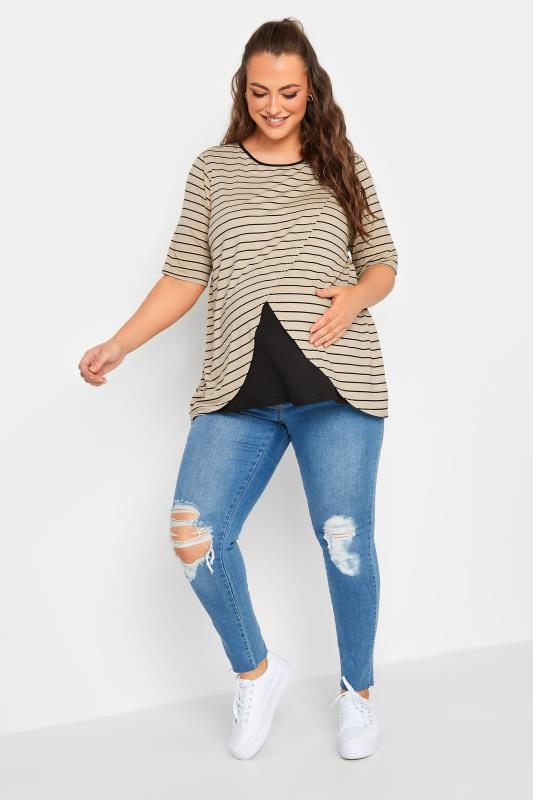 BUMP IT UP MATERNITY Curve Plus Size Beige Brown Stripe Print Nursing Top | Yours Clothing  2