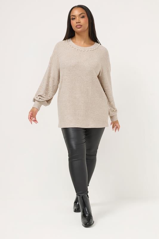 YOURS Plus Size Natural Brown Pearl Embellished Jumper | Yours Clothing 1