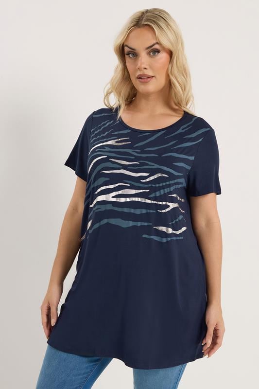  YOURS Curve Navy Blue Foil Animal Print Top