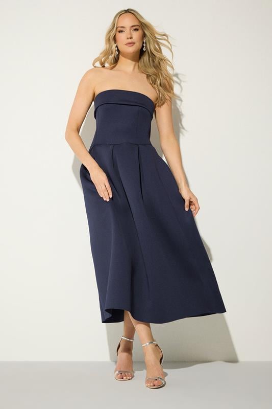 LTS Tall Navy Blue Bandeau Pleated Detail Midi Dress