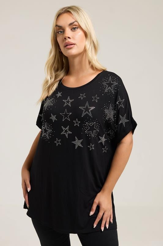 YOURS Curve Black Star Stud Embellished T-Shirt | Yours Clothing 1