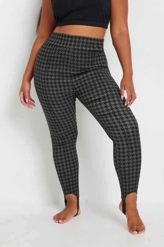 YOURS Plus Size Black Dogtooth Check Bengaline Stirrup Leggings | Yours Clothing 1