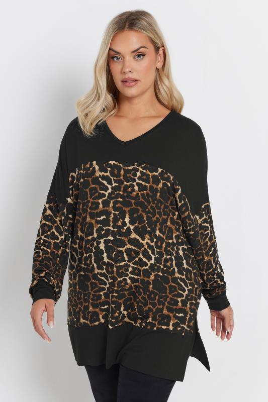 YOURS Curve Black & Brown Animal Print Colourblock Top
