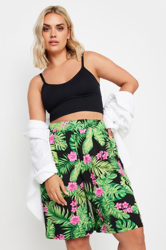 YOURS Plus Size Black Tropical Print Jersey Pull On Shorts | Yours Clothing 1