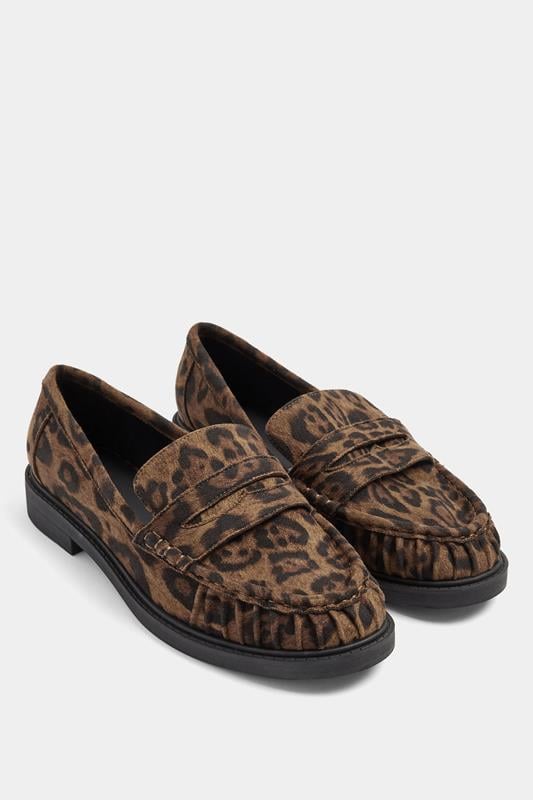Brown Leopard Print Faux Suede Slip On Loafers In Extra Wide EEE Fit | Yours Clothing 1