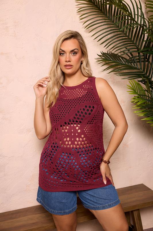  YOURS Curve Burgundy Red Knitted Stitch Detail Vest Top