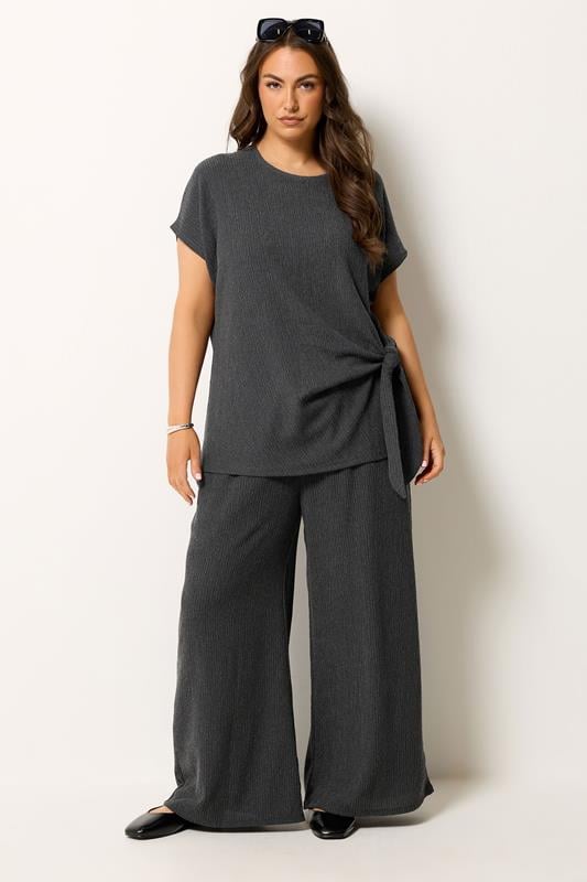 YOURS Plus Size Grey Wide Leg Textured Trousers | Yours Clothing 1