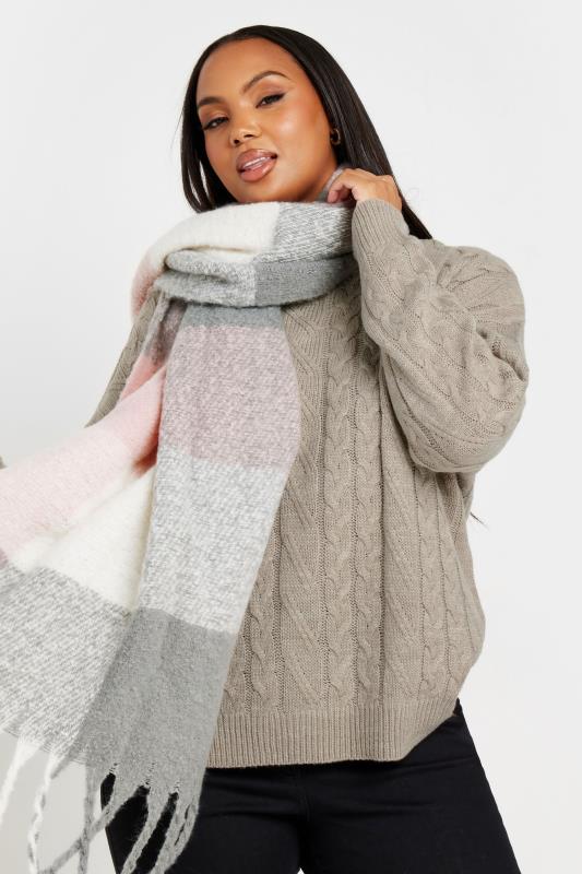 Grey & Pink Check Print Tassel Trim Chunky Scarf | Yours Clothing 1