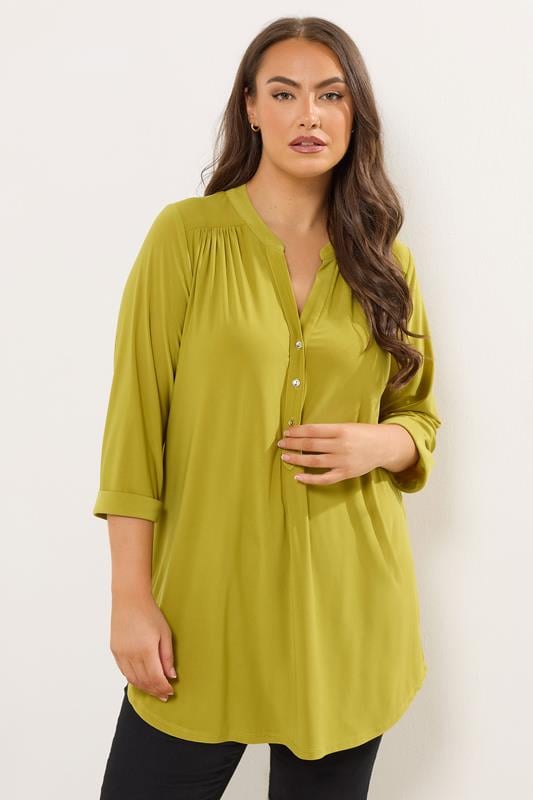  YOURS Curve Green Half Placket Ribbed Shirt