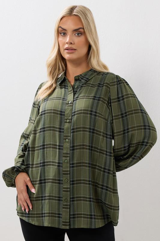  YOURS Curve Khaki Green Check Balloon Sleeve Blouse