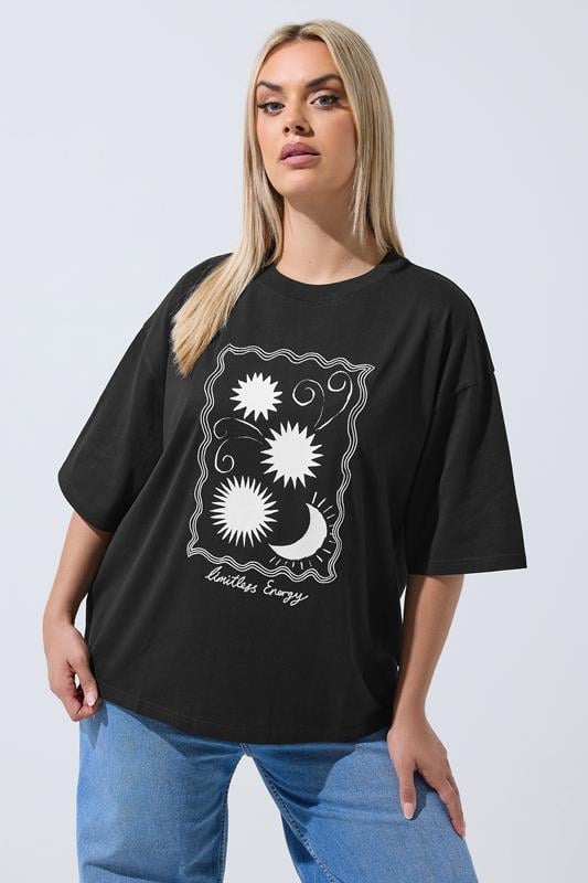 LIMITED COLLECTION Plus Size Black Embroidered Sun Graphic T-Shirt | Yours Clothing 1