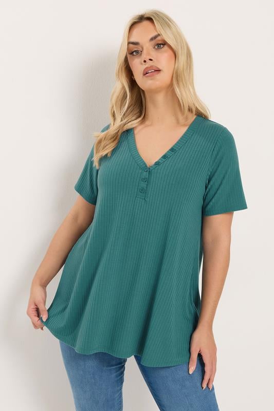  YOURS Curve Blue Henley Short Sleeve T-Shirt