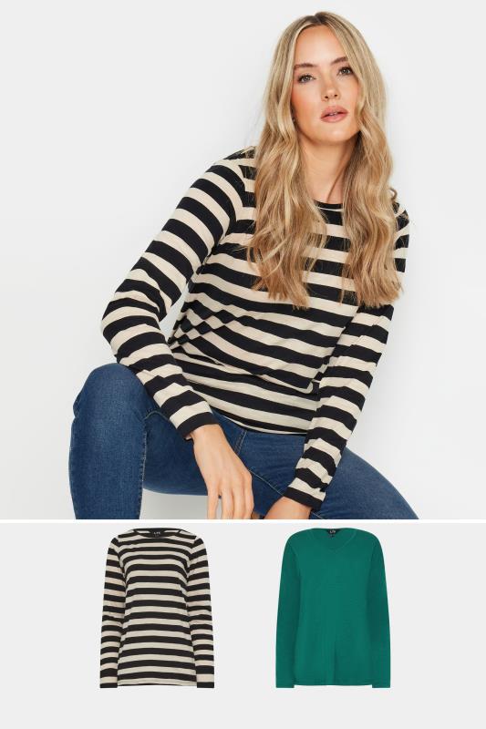 LTS Tall 2 PACK Black & Green Stripe Long Sleeve T-shirt Tops | Long Tall Sally 1