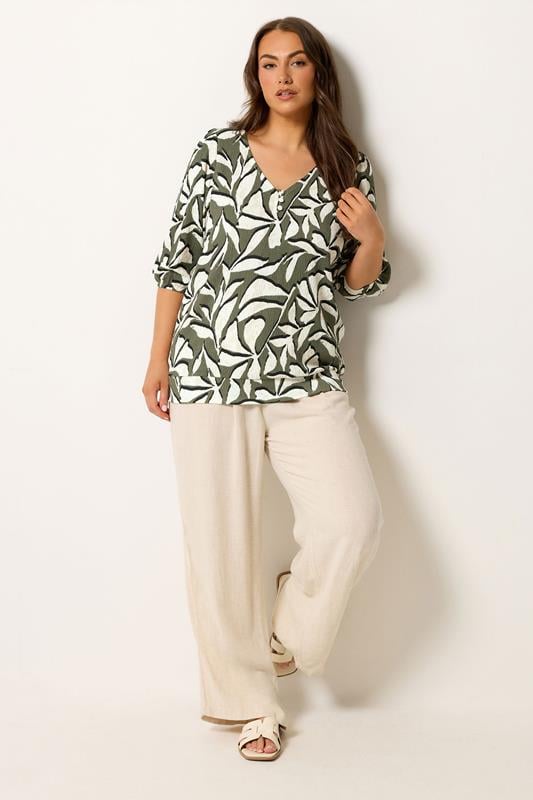 YOURS Plus Size Sage Green & White Leaf Print Puff Sleeve Top | Yours Clothing 1