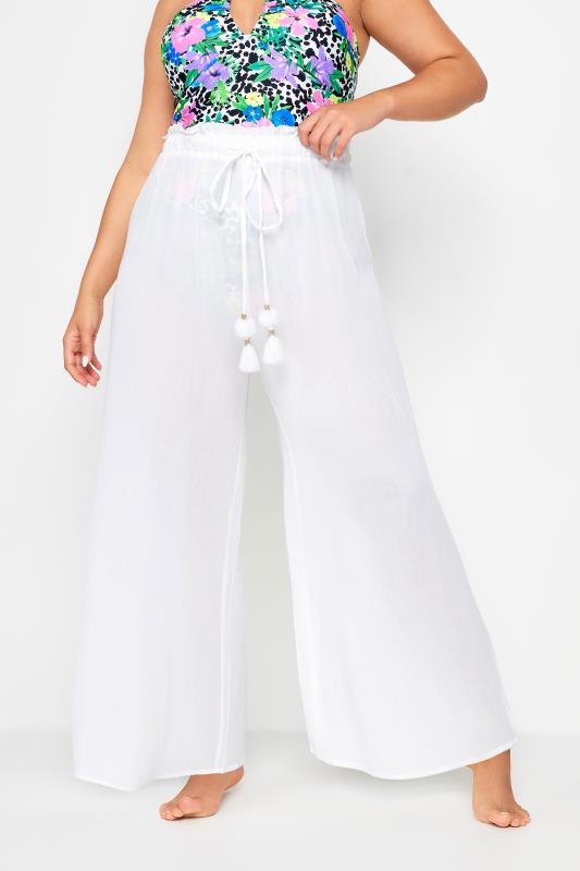 Plus Size White Wide Leg Beach Trousers | Yours Clothing 1