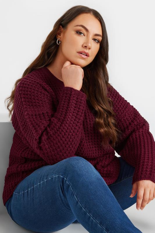 Plus Size  YOURS Curve Burgundy Red Waffle Knit Jumper