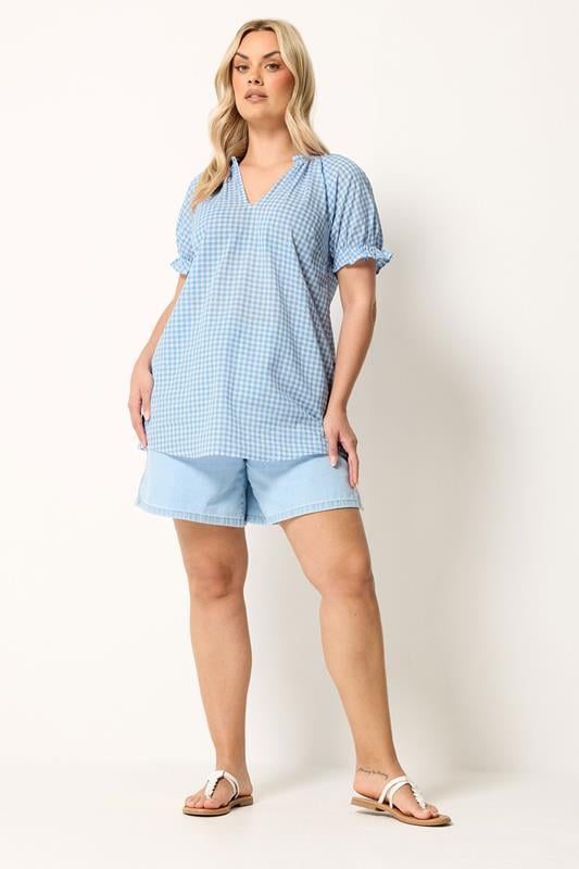 YOURS Plus Size Baby Blue Gingham Puff Sleeve Blouse | Yours Clothing 1