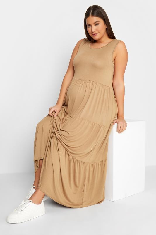 LTS Maternity Camel Brown Tiered Maxi Dress | Long Tall Sally  2