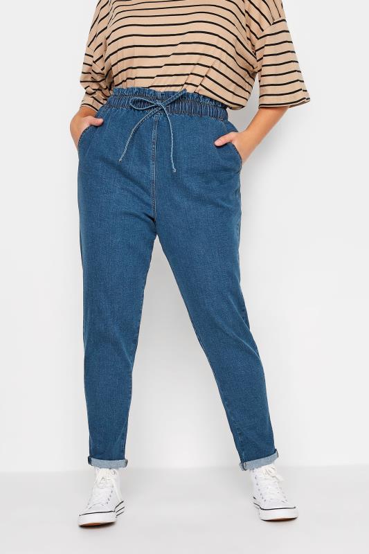 Plus Size Mid Blue Paperbag Waist Stretch MOM Jeans | Yours Clothing 1