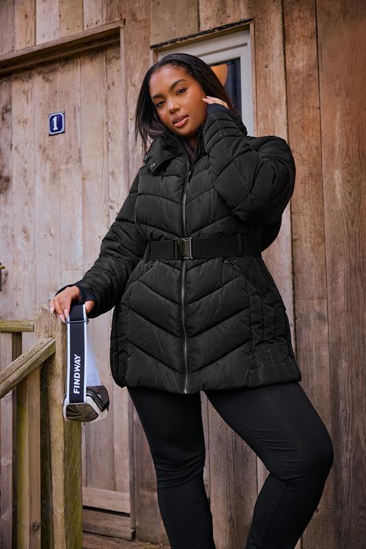 YOURS Plus Size Black Belted Puffer Coat | Yours Clothing 2