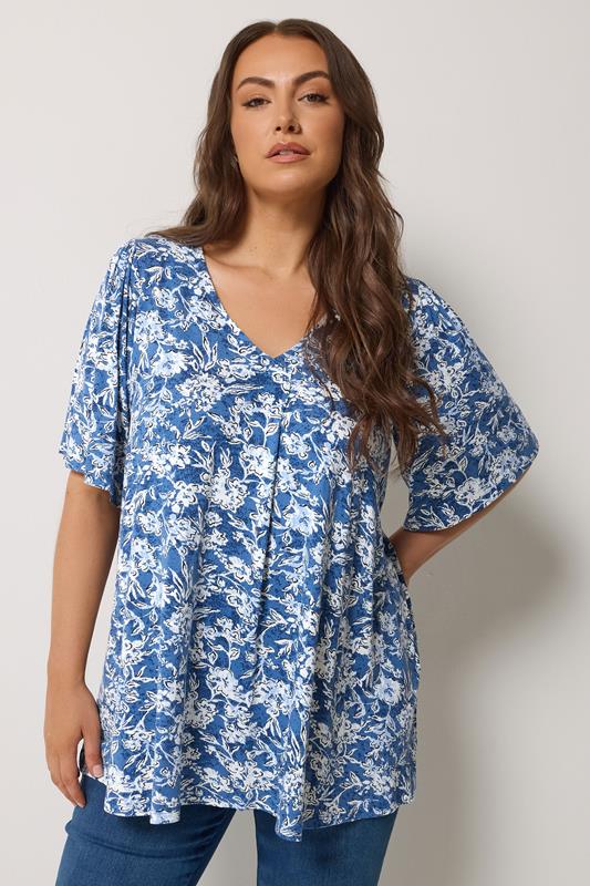  YOURS Curve Blue Abstract Floral Pleat Front Top