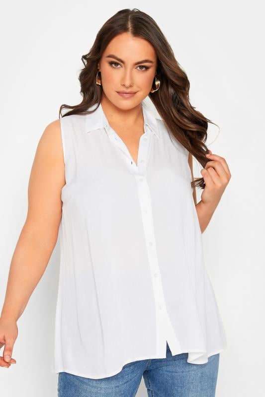 YOURS Plus Size White Dipped Hem Sleeveless Blouse | Yours Clothing 1