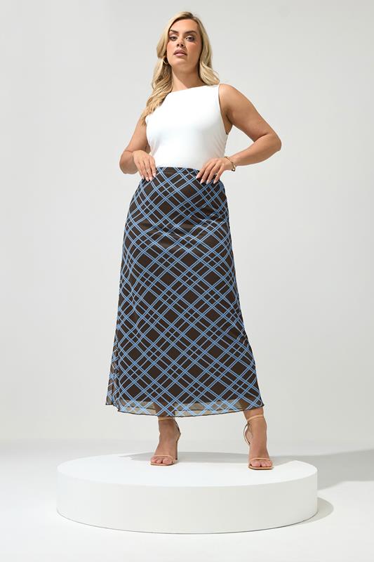 YOURS LONDON Plus Size Brown & Blue Check Maxi Skirt | Yours Clothing 1