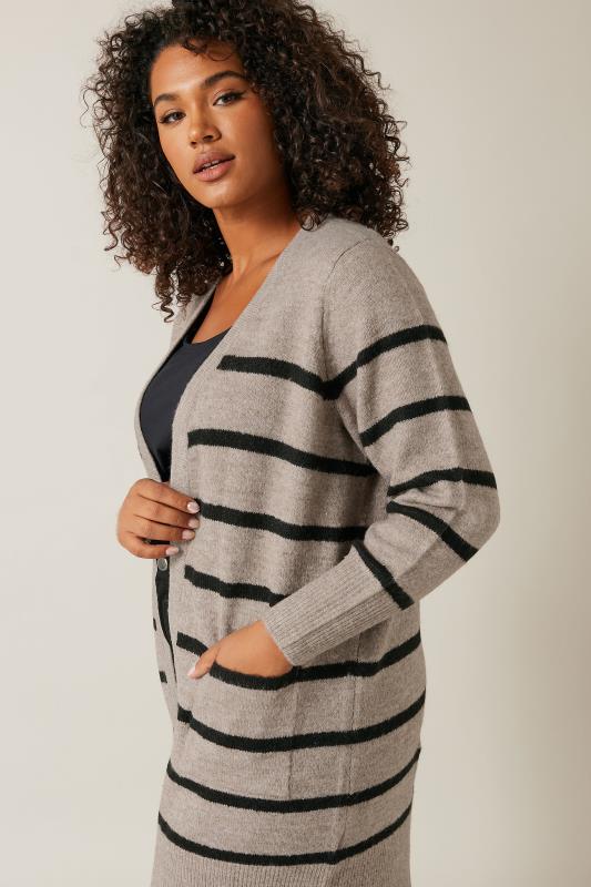 EVANS Plus Size Beige Brown Stripe Knitted Cardigan | Evans 4