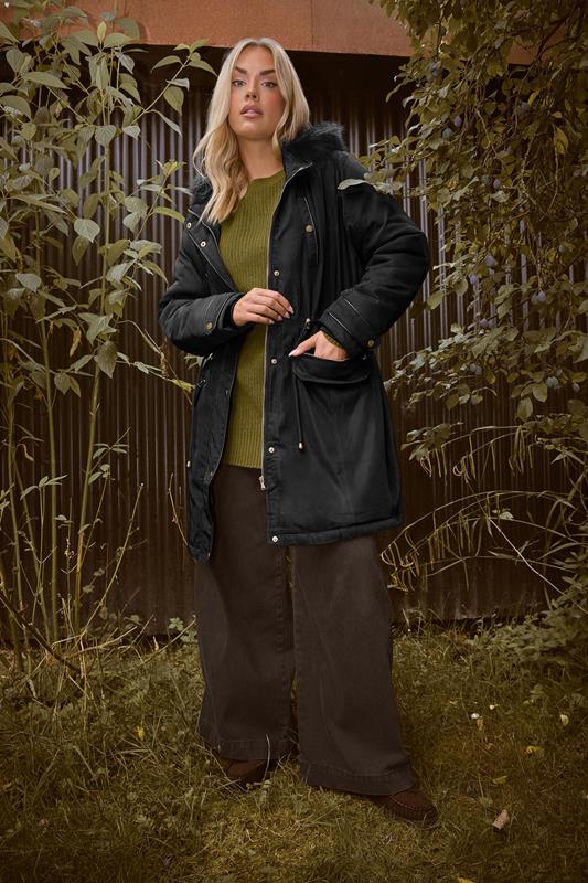 YOURS Plus Size Black Faux Fur Trim Plush Parka Jacket | Yours Clothing 2