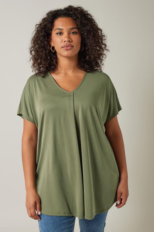 EVANS Plus Size Khaki Green Pleat Front Modal Rich Top Evans