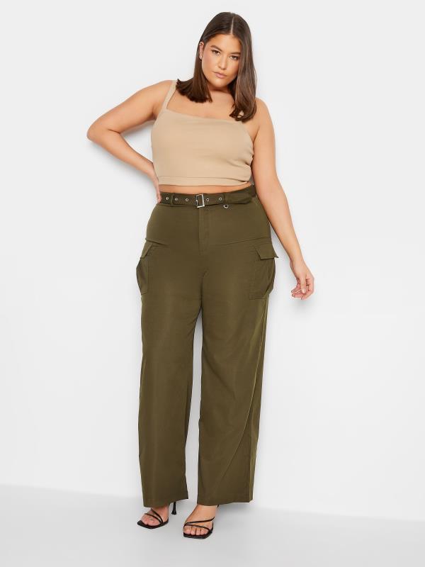 LTS Tall Khaki Green Belted Wide Leg Cargo Trousers | Long Tall Sally 2