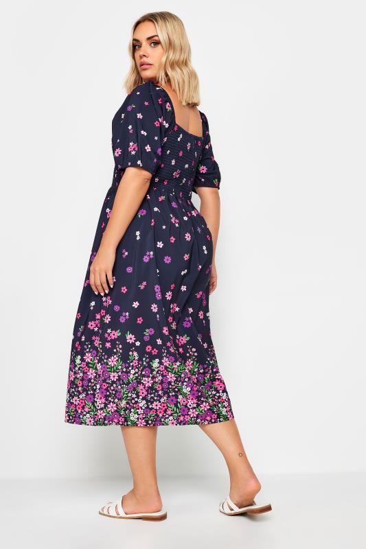 LIMITED COLLECTION Plus Size Navy Blue Floral Border Print Shirred Midi Dress | Yours Clothing 3