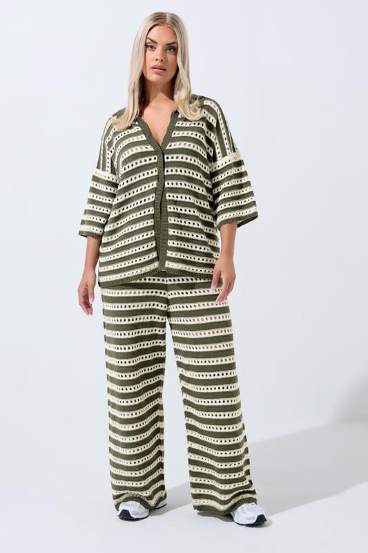 LIMITED COLLECTION Plus Size Green & White Stripe Crochet Shirt | Yours Clothing 2