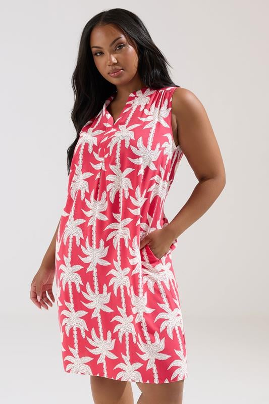  YOURS Curve Pink Palm Tree Notch Neck Mini Dress