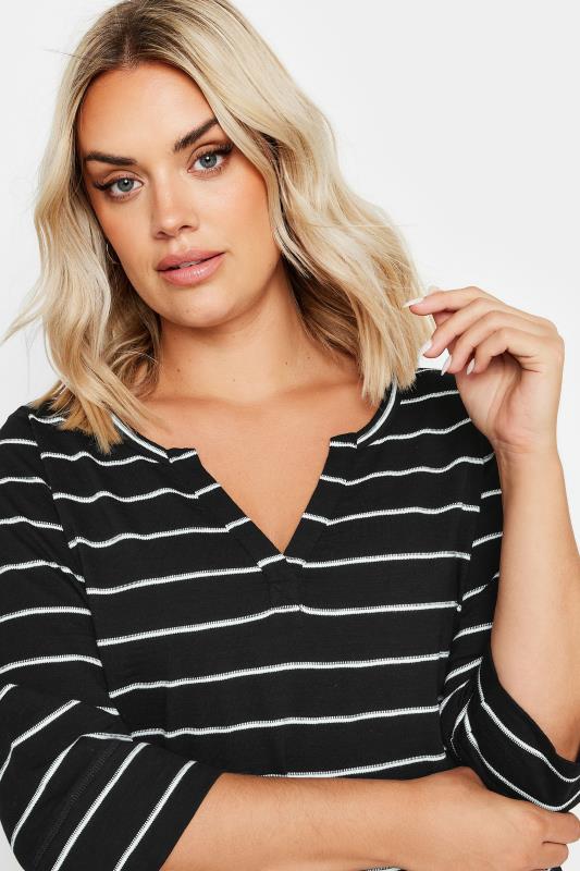 YOURS Plus Size Black & White Stripe Notch Neck T-Shirt | Yours Clothing 2