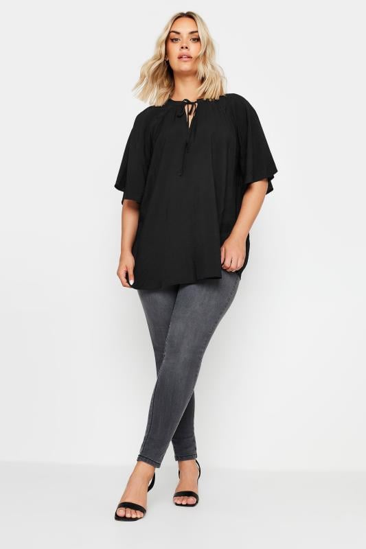 YOURS Plus Size Black Tie Neck Angel Sleeve Blouse | Yours Clothing  3