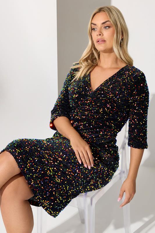 YOURS LONDON Plus Size Black Multicoloured Sequin Velvet Midi Dress | Yours Clothing 2