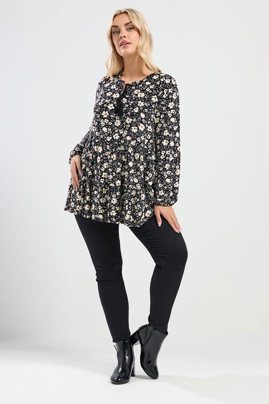 YOURS Plus Size Black Floral Tie Neck Tiered Blouse | Yours Clothing 1