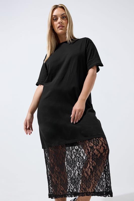 LIMITED COLLECTION Curve Black Lace Trim T-Shirt Dress
