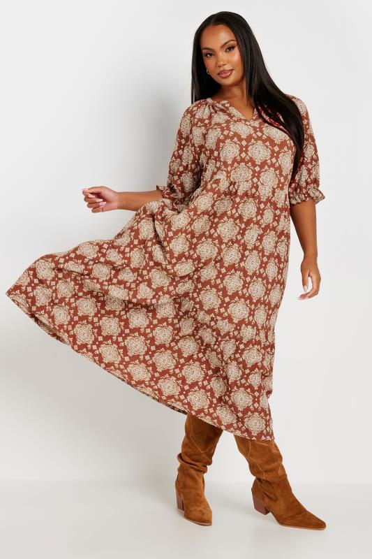 YOURS Plus Size Rust Orange Tile Print Tiered Midi Dress | Yours Clothing 1