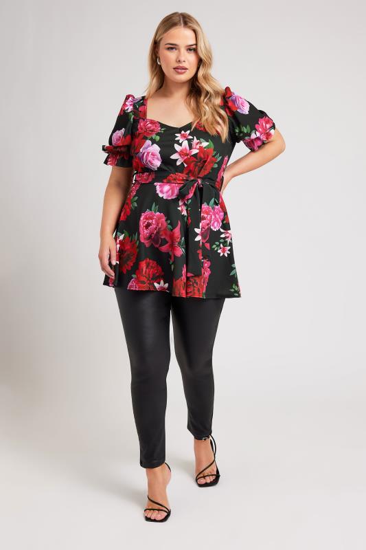 YOURS LONDON Plus Size Black & Pink Floral Print Peplum Top | Yours Clothing 3