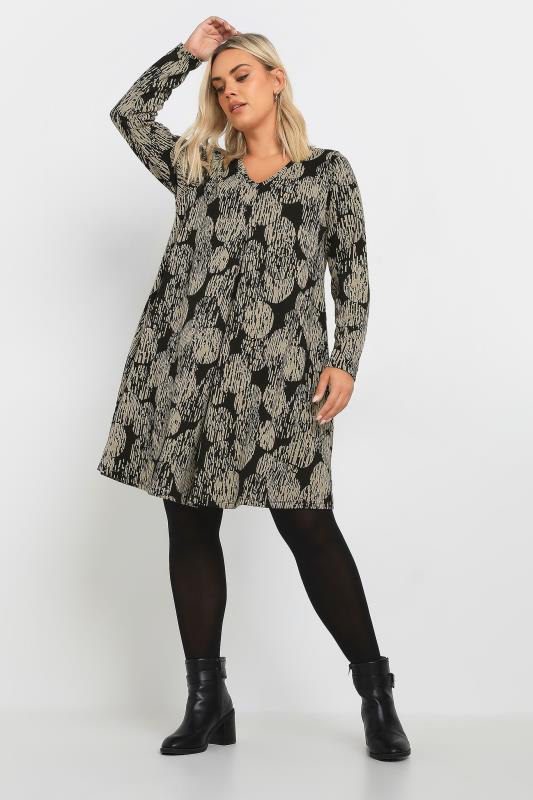 YOURS Plus Size Black & Beige Abstract Print Pleat Front Dress | Yours Clothing  1