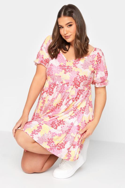 YOURS Curve Plus Size Pink Ditsy Floral Sweetheart Dress | Yours Clothing  1