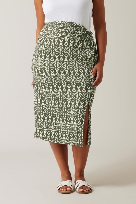 EVANS Plus Size Olive Green Ikat Print Crinkle Midi Skirt | Evans 1