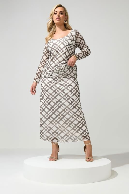 YOURS LONDON Curve Ivory White & Brown Check Maxi Skirt | Yours Clothing 1