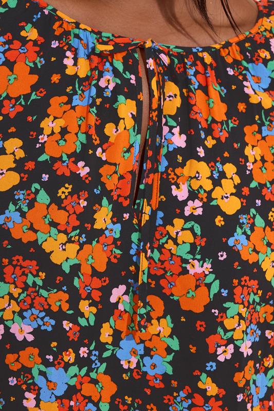 YOURS Plus Size Black & Orange Floral Tie Neck Tiered Midi Dress | Yours Clothing 4
