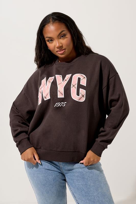 YOURS Plus Size Brown 'NYC' Check Sweatshirt | Yours Clothing 1