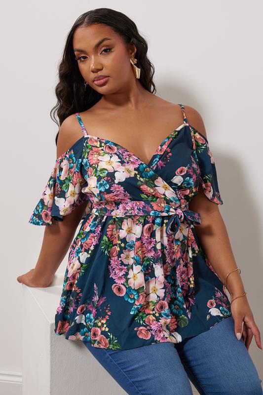 YOURS LONDON Plus Size Navy Blue Floral Print Cold Shoulder Top | Yours Clothing 1